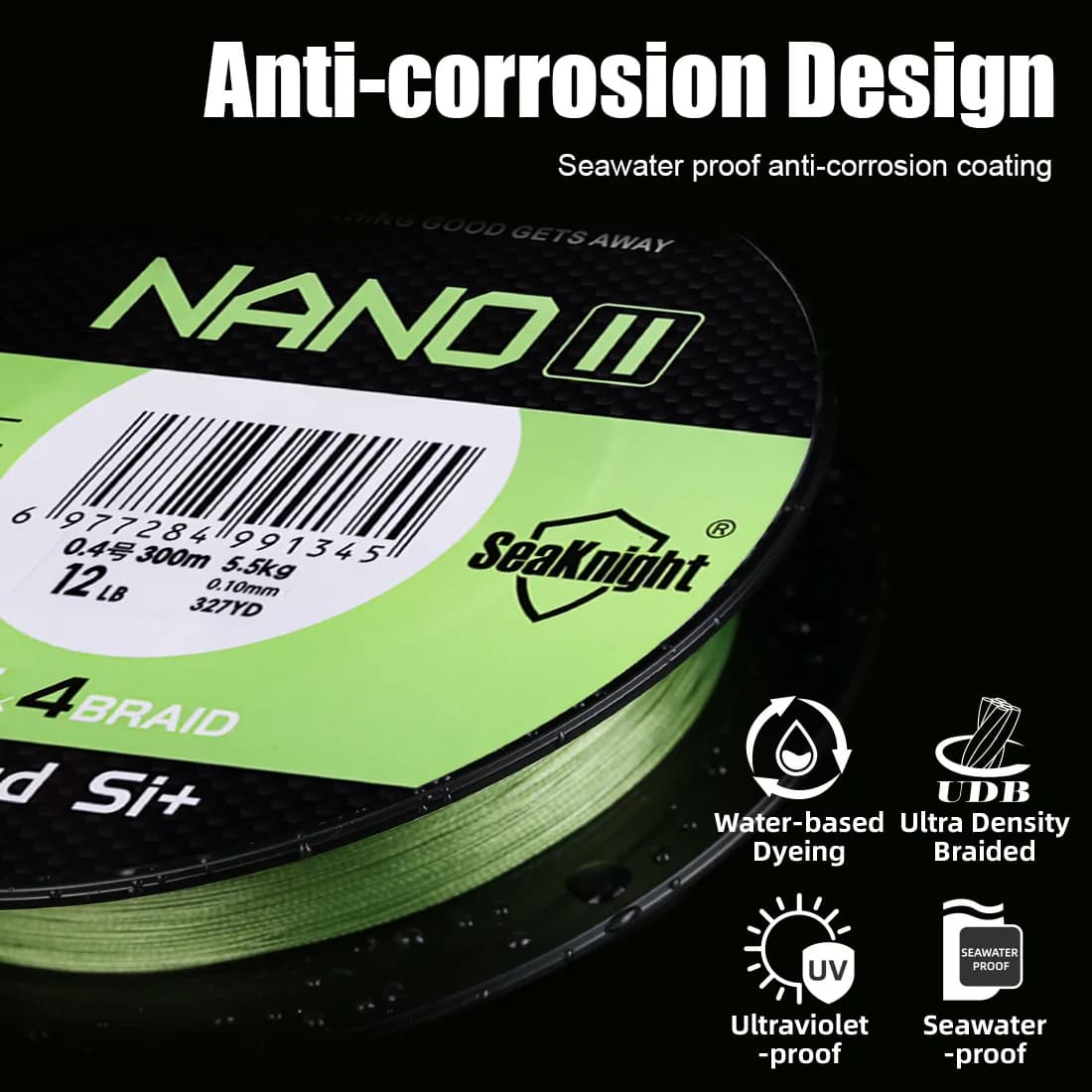 Ligne tressée SeaKnight NANO II 300m - 4 tresses résistance mer UV revêtement Si+ 7-15lb