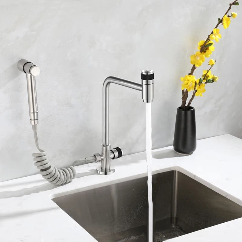 Robinet cuisine eau froide mural BAKALA acier inoxydable 304 pivotant salle de bain extérieur montage terrasse