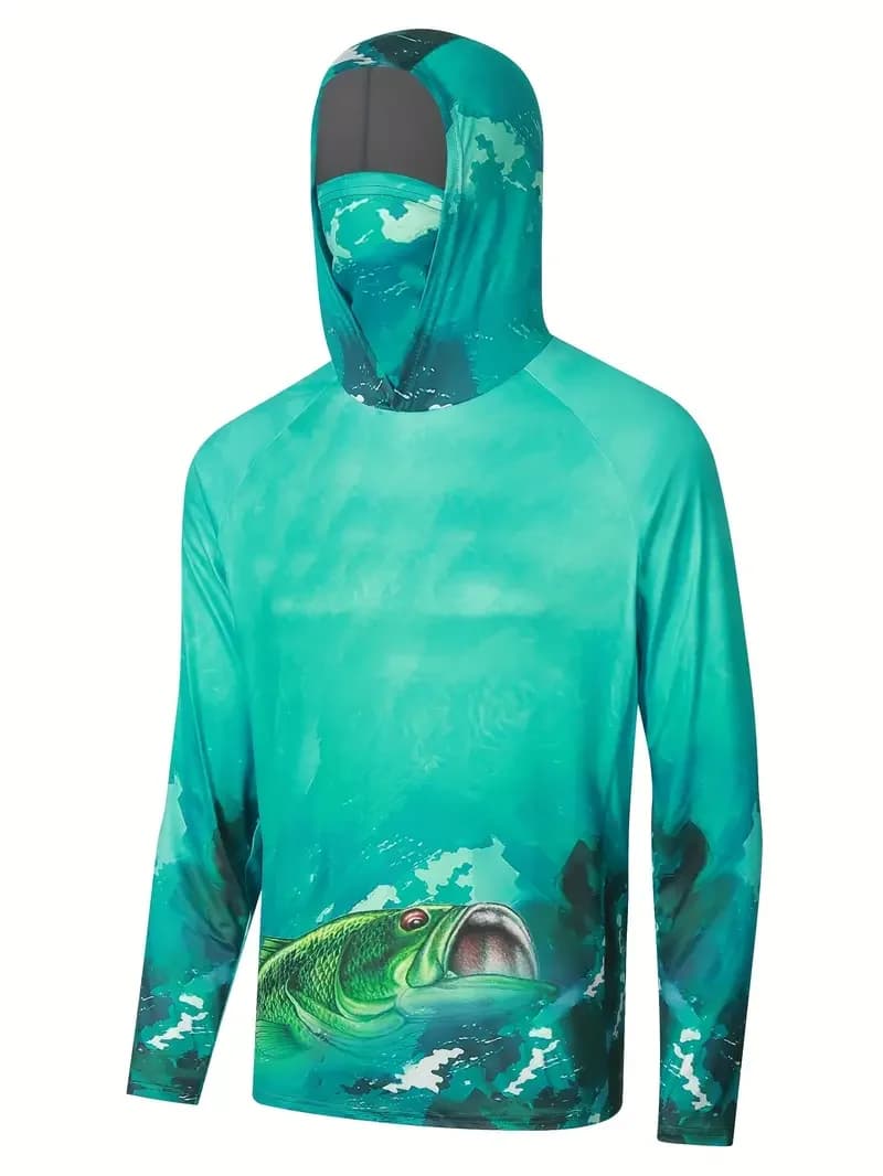 T-shirt pêche homme à capuche protection UV masque intégré vêtement technique extérieur été