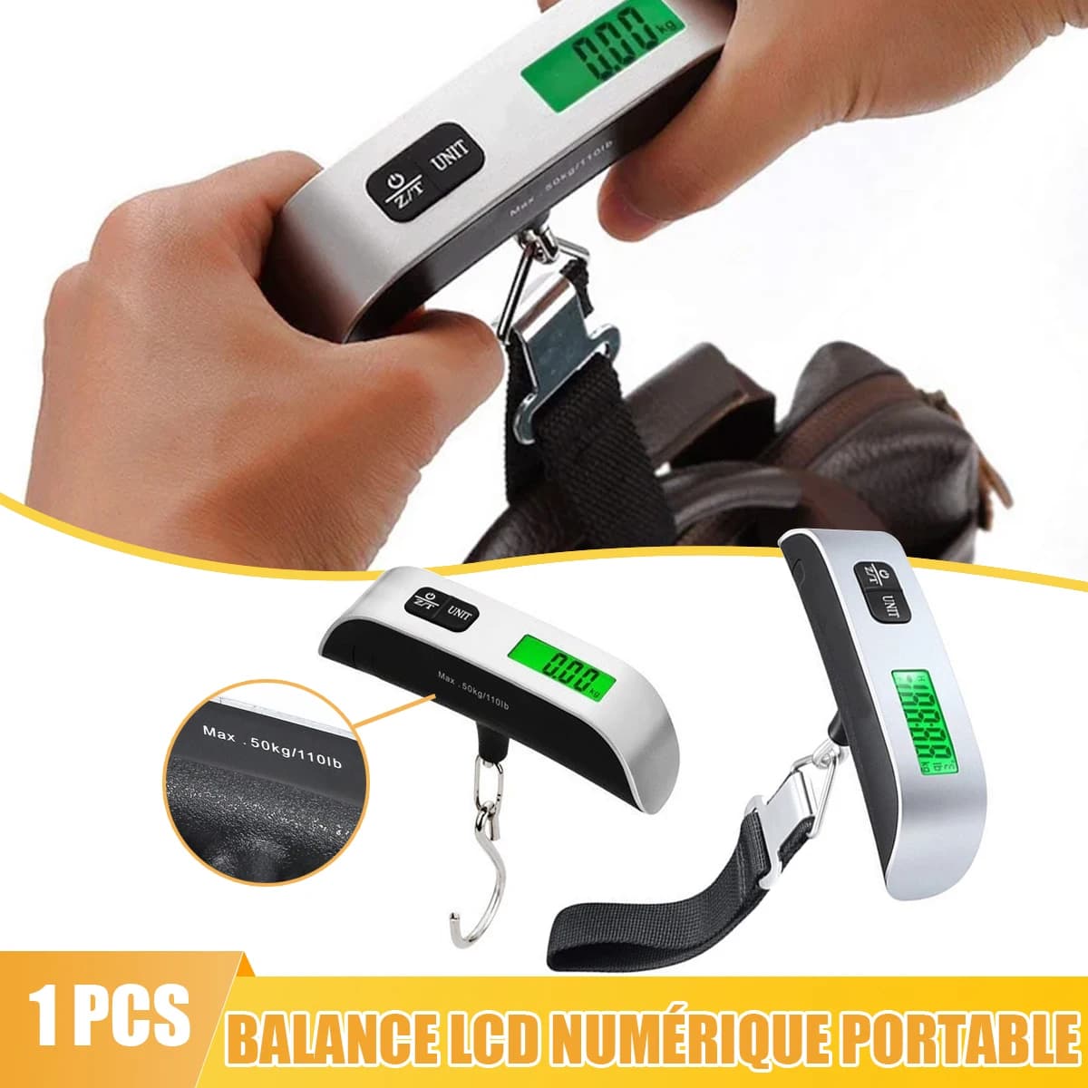 Balance électronique portable LCD 50kg/110lb pour bagages et pesée poissons - Outil voyage précis