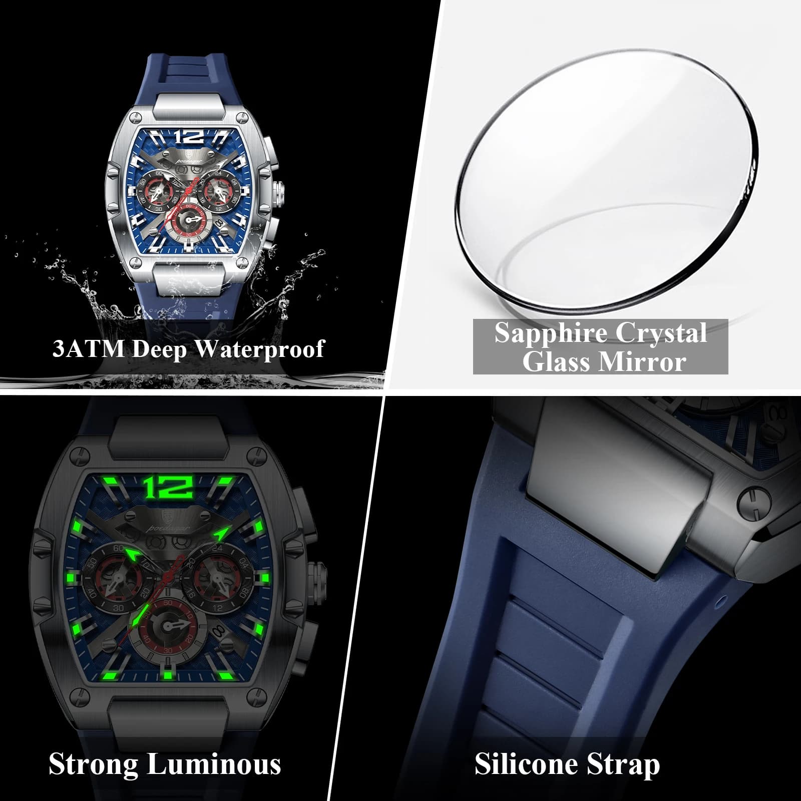 Montre homme militaire étanche POEDAGAR - Chronographe sport pêche avec bracelet silicone et affichage lumineux