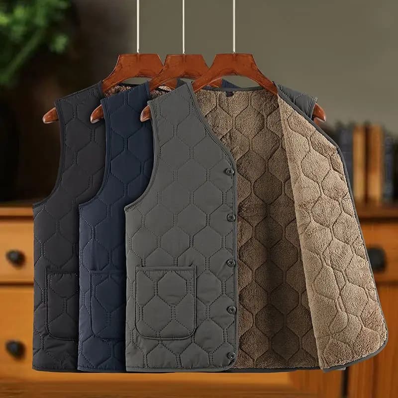 Gilet homme sans manches polaire épais hiver col V boutonnés plaid casual