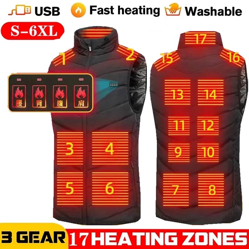 Veste chauffante USB homme 17 zones infrarouge - Hiver, randonnée, sports - Taille 5XL grande