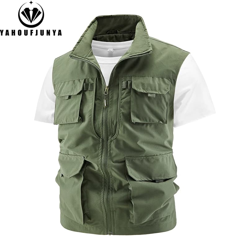 Veste de pêche sans manches homme été multi-poches respirante col montant zippée extérieur