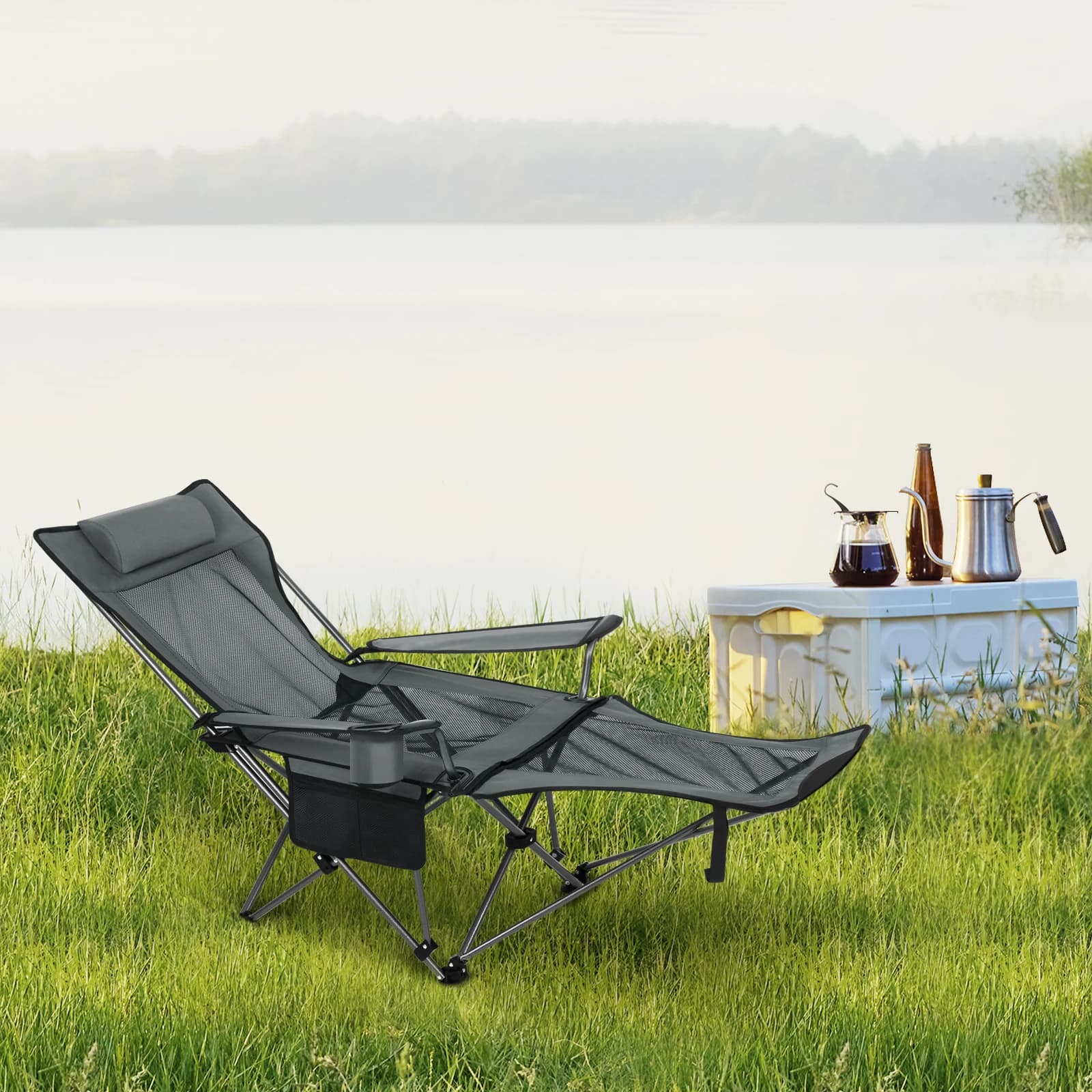 Chaise camping pliante avec repose-pieds et porte-gobelet - Siège plage pêche réglable avec sac transport