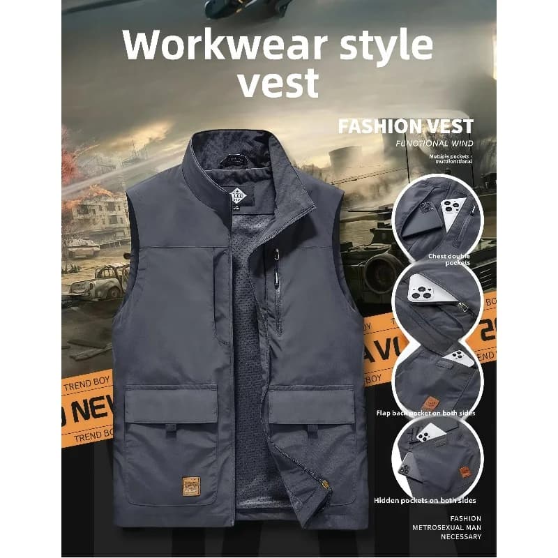 Veste sans manches homme extérieur décontractée ample gilet multi-poches col montant photo pêche