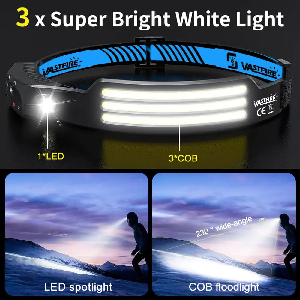 Lampe frontale LED rechargeable USB 10W détecteur de mouvement pour pêche nocturne et camping