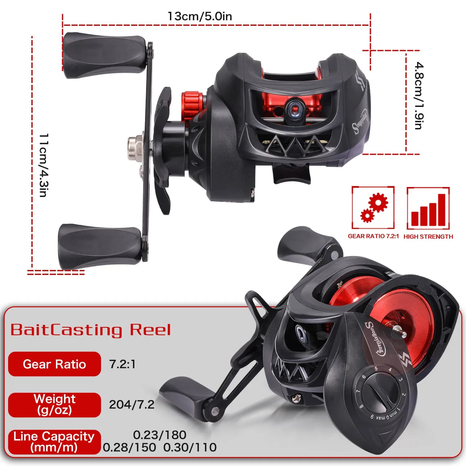 Moulinet Sougayilang baitcasting frein magnétique 7.2:1 pour pêche eau douce - 8kg drag max