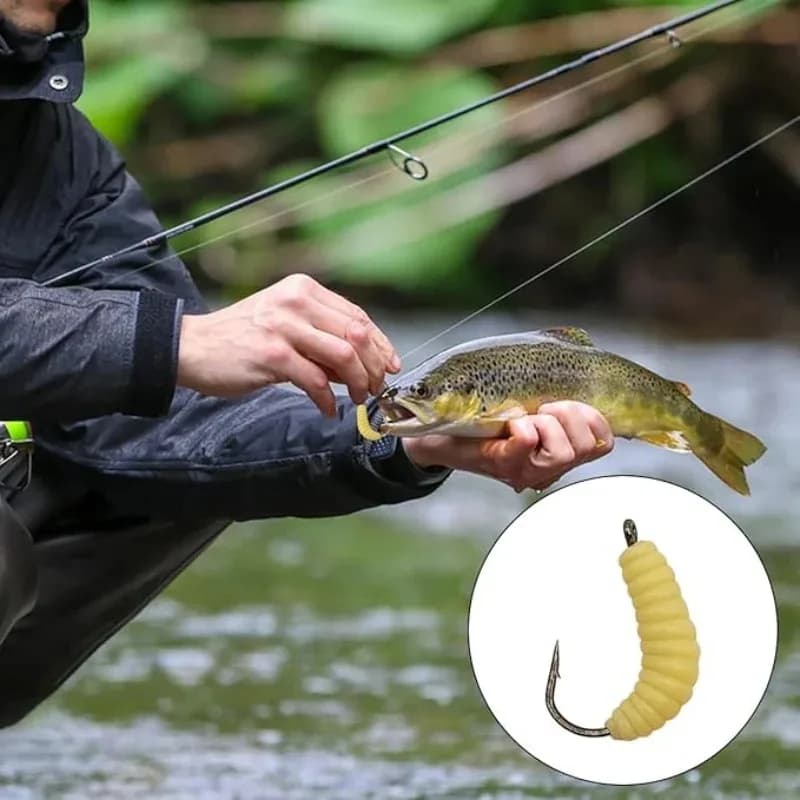 Kit asticots en caoutchouc avec hameçons - Leurres vers pour truite, perche et poissons blancs