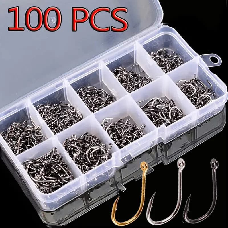 100 hameçons de pêche mer avec boucle pour carpe cruciane, set accessoires pêche Luyatai, hameçons barbelés