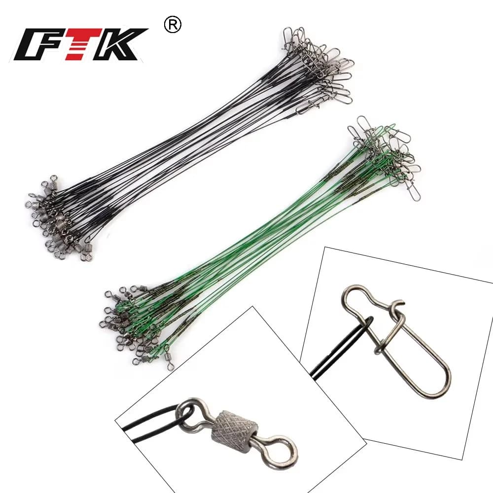 20PCS anti-morsure acier leaders 16-25cm 50LB avec émerillon pour brochet et black-bass - FTK
