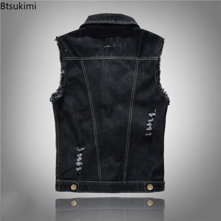 Veste sans manches denim jean homme 2025 mode cowboy extérieur gilet noir bleu veston