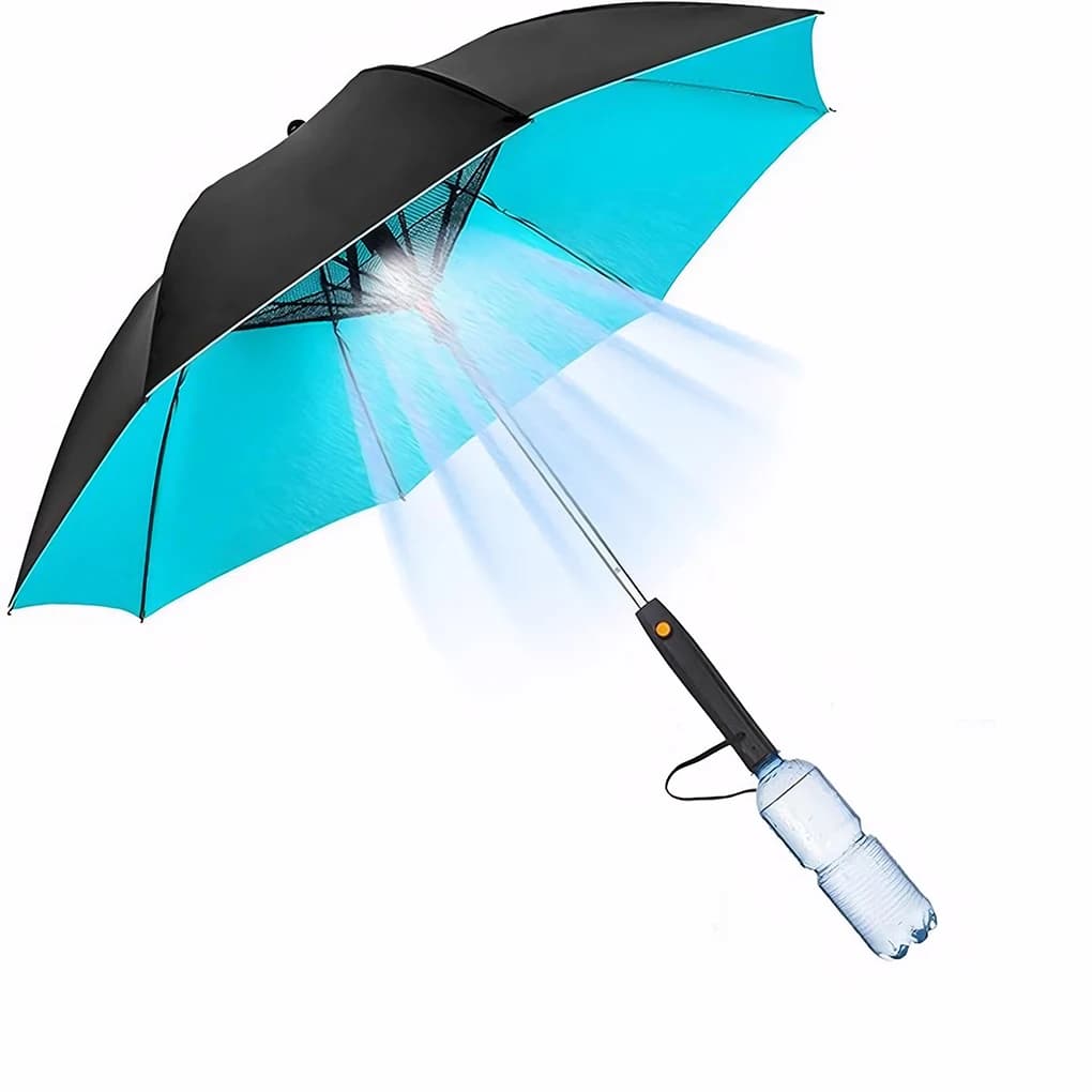 Parapluie 3-en-1 avec ventilateur et brumisateur - Ombre et fraîcheur pour pêche en été