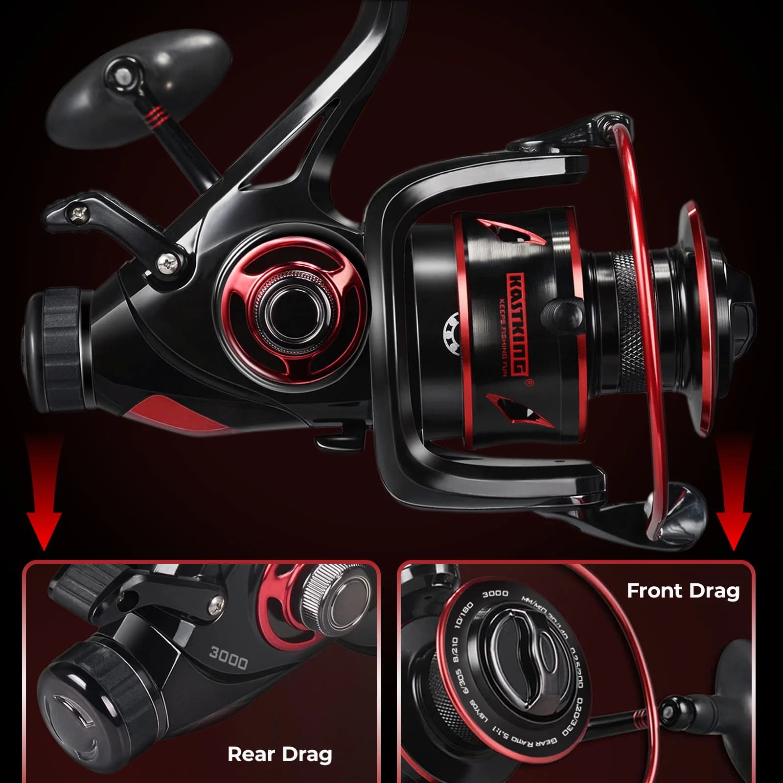 Moulinet pêche spinning KastKing Sharky Baitfeeder III - Frein carbone et roulements acier pour live liner