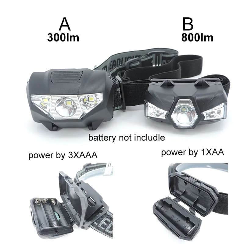 Petite lampe frontale 3 LED avec piles AA AAA et lumière rouge pour pêche, randonnée et camping léger