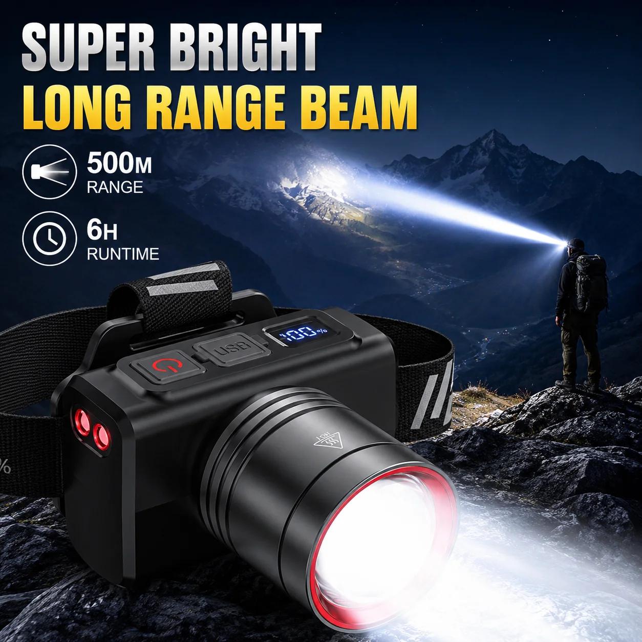 Frontale LED rechargeable zoomable étanche ultra-lumineuse - Excellence pour pêche et camping