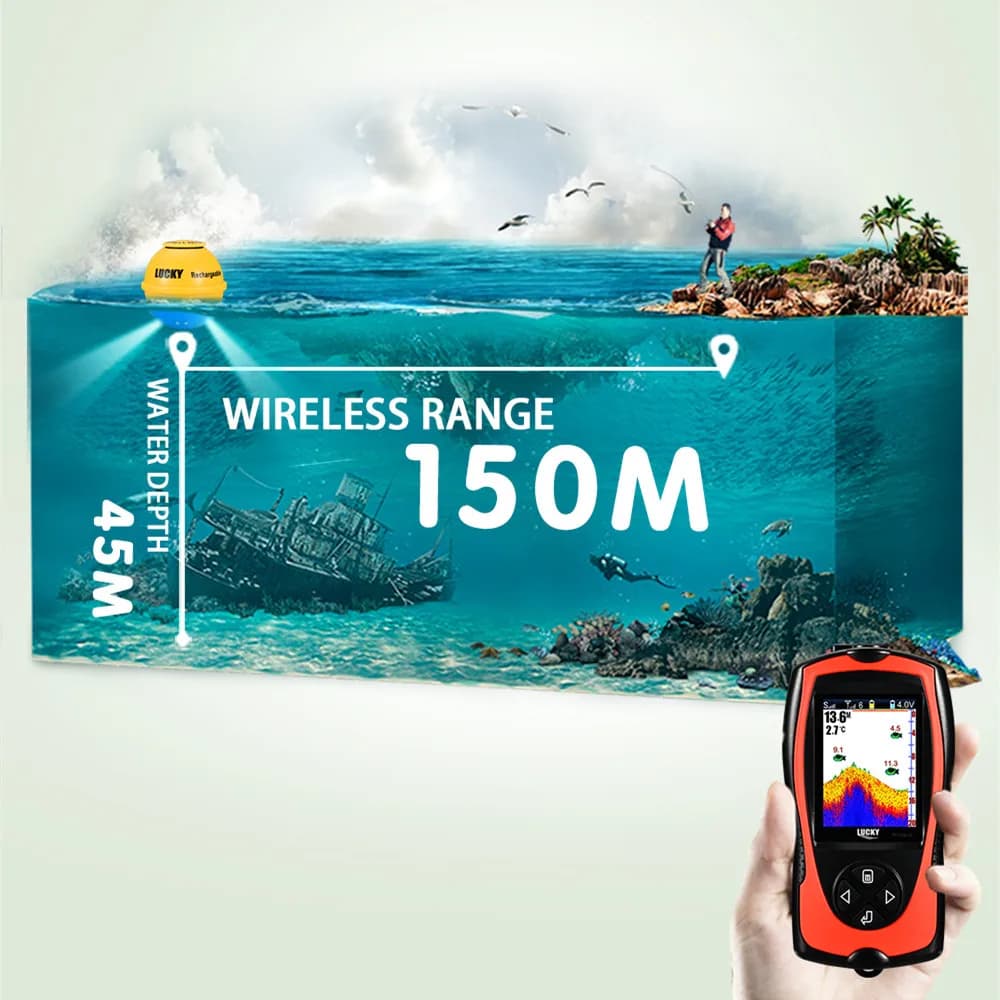 Sonar de pêche Lucky FF1108 sans fil rechargeable 45m profondeur détection poissons portable