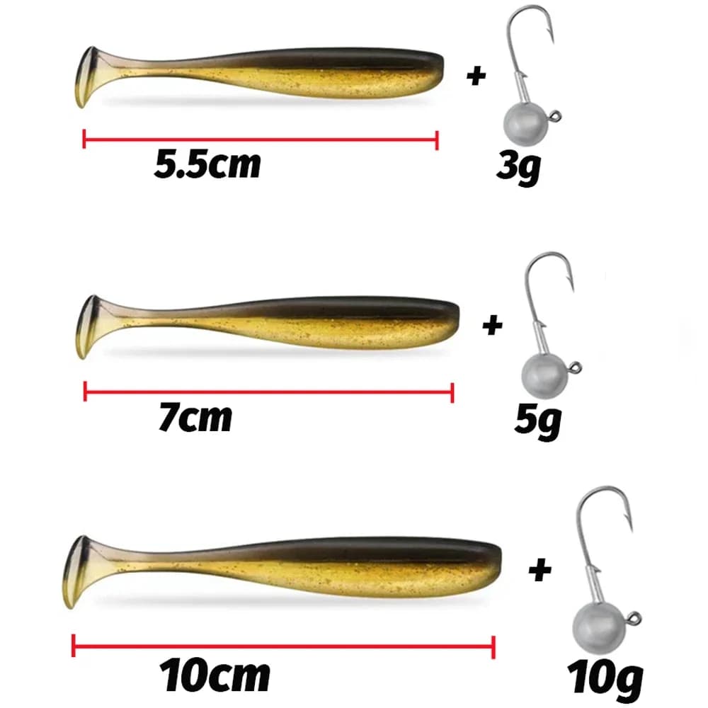 Kit pêche complet 10 leurres souples + 3 têtes plombées - leurres T-tail pour carpe et carnassiers