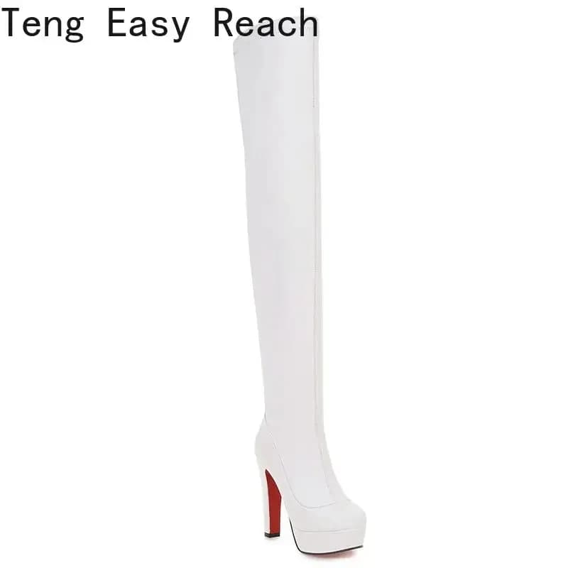 Bottes genou blanches plateforme femmes cuir PU stretch talon carré haut zip automne hiver pêche