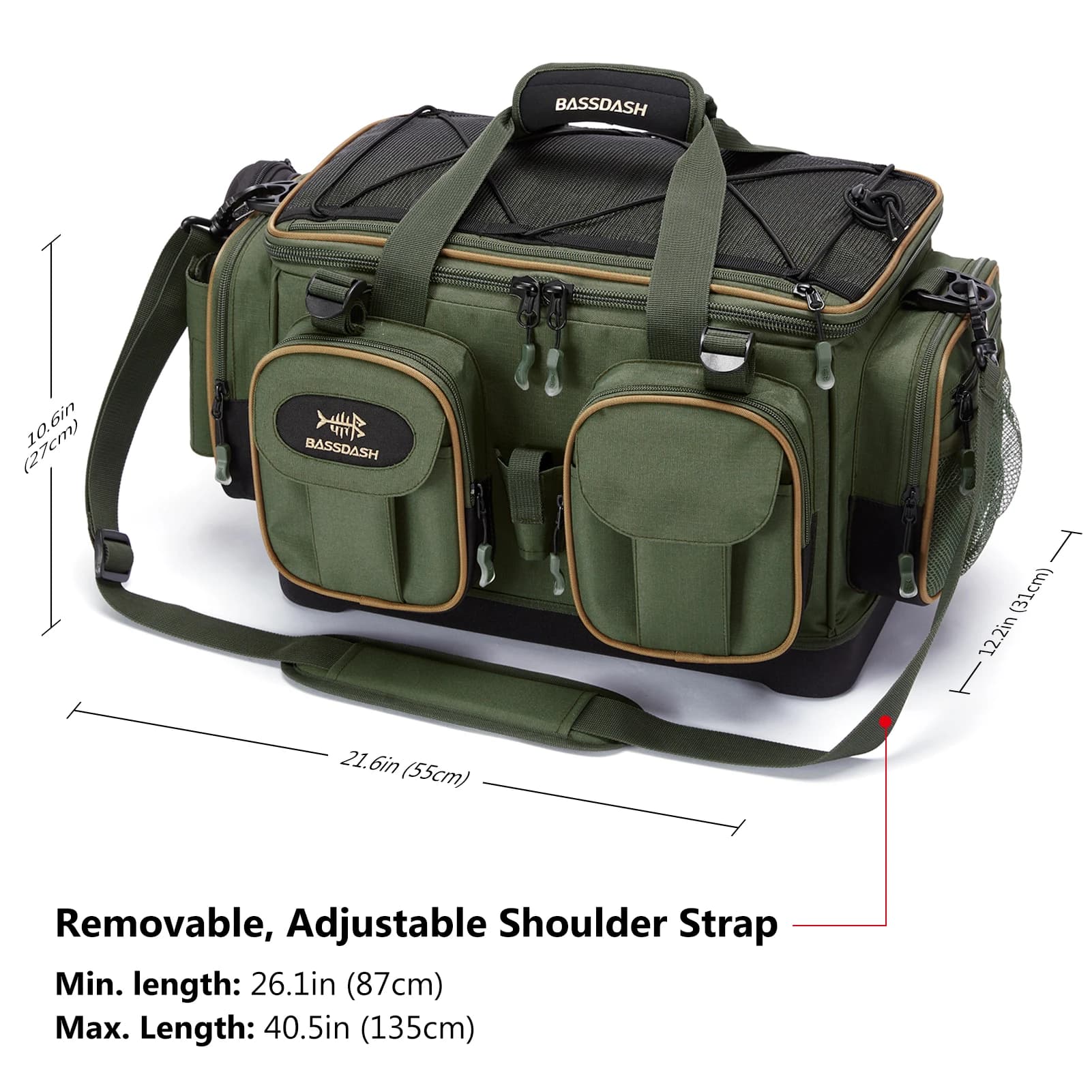 Sac à bandoulière BASSDASH résistant à l'eau léger - Pack rangement matériel pêche avec fond moulé dur et couvre-pluie
