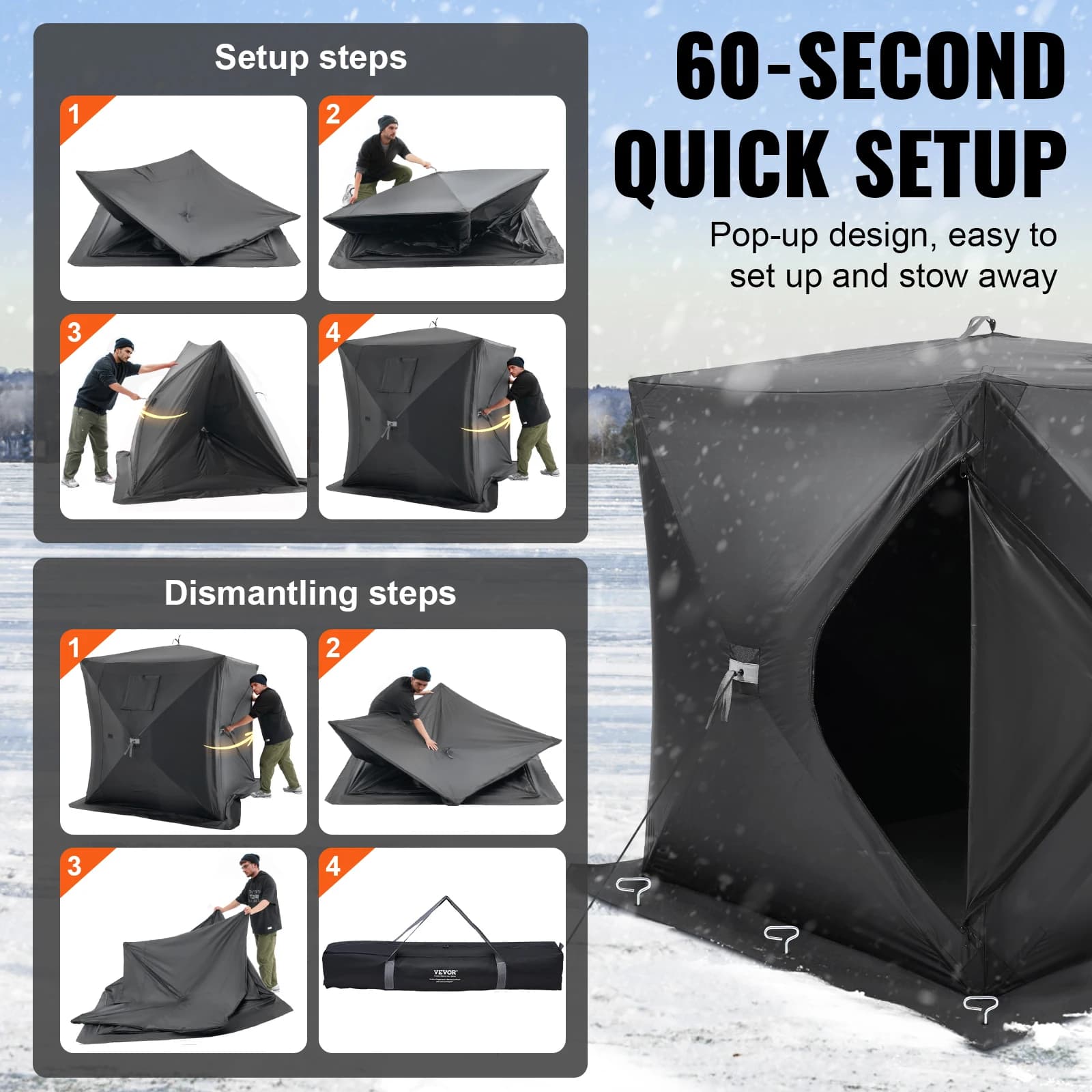 Abri de pêche sur glace portable 1-2 personnes SucceBuy pour pêche hivernale étanche