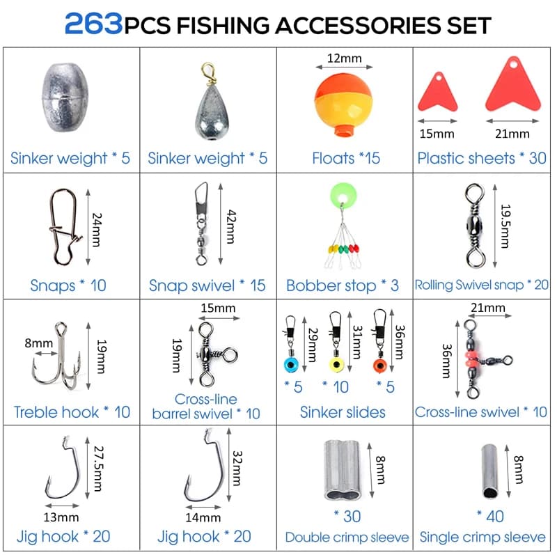 Coffret de pêche 263 accessoires avec boîte à leurres, hameçons, plombs, émerillons et pinces