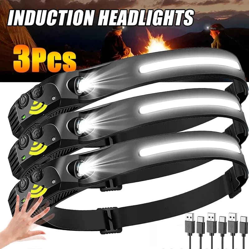 Lampe frontale induction COB+LED rechargeable USB étanche pour pêche nocturne et camping