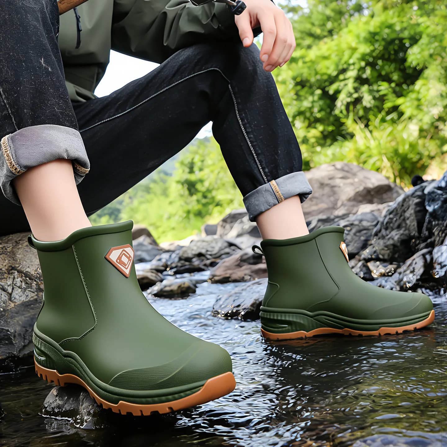 Bottes pluie homme éco-responsables militaires vertes mode qualité pêche traversée ruisseaux