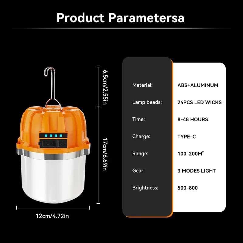 Lampe de camping LED 500W rechargeable USB pour pêche nocturne et urgences en plein air