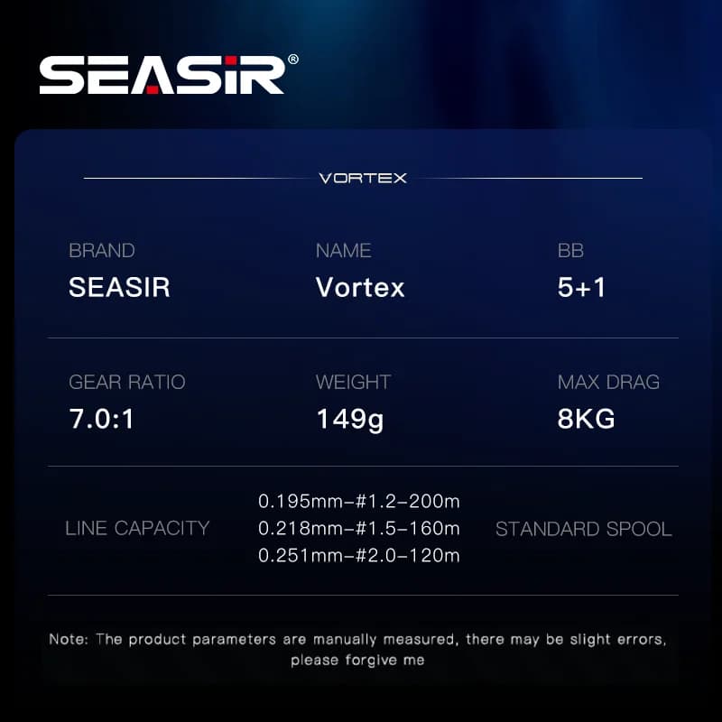 Moulinet baitcasting Seasir Vortex 149g haute vitesse 7.0:1 5+1 roulements max drag 8kg pour mer et eau douce