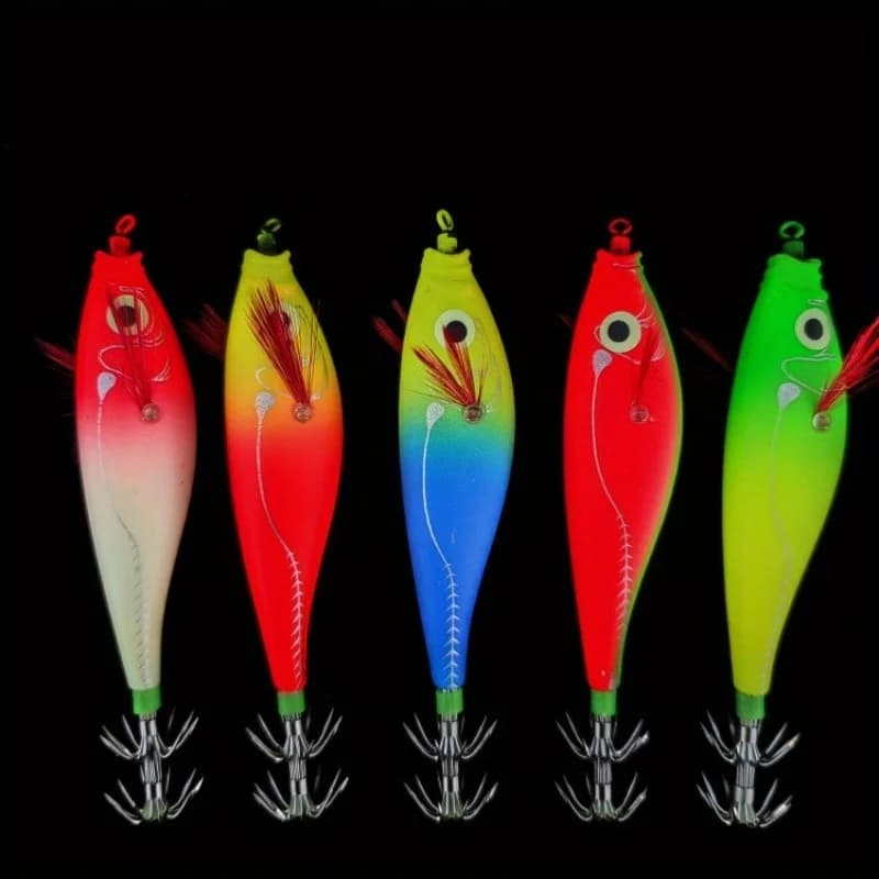 5 leurres calmar lumineux horizontal glow jig pêche mer appât crevette et calmar