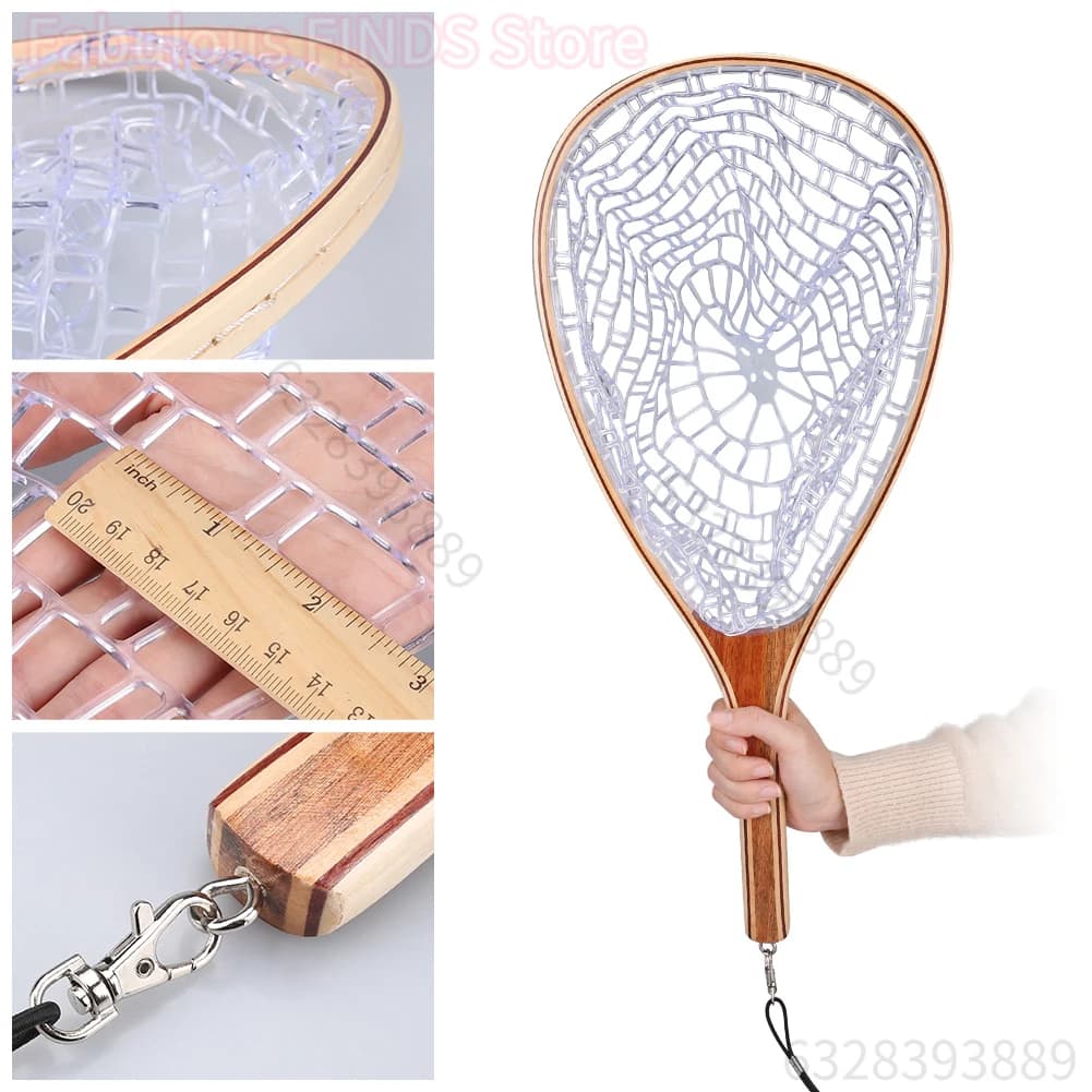 Fly Fishing Landing Nets Wooden Handle Transparent Rubber/Nylon Mesh Trout Mesh