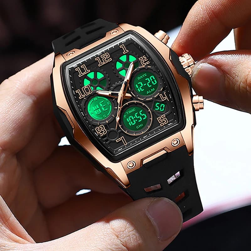 Montre homme double affichage digitale militaire luxe 2025 - Bracelet silicone sport étanche