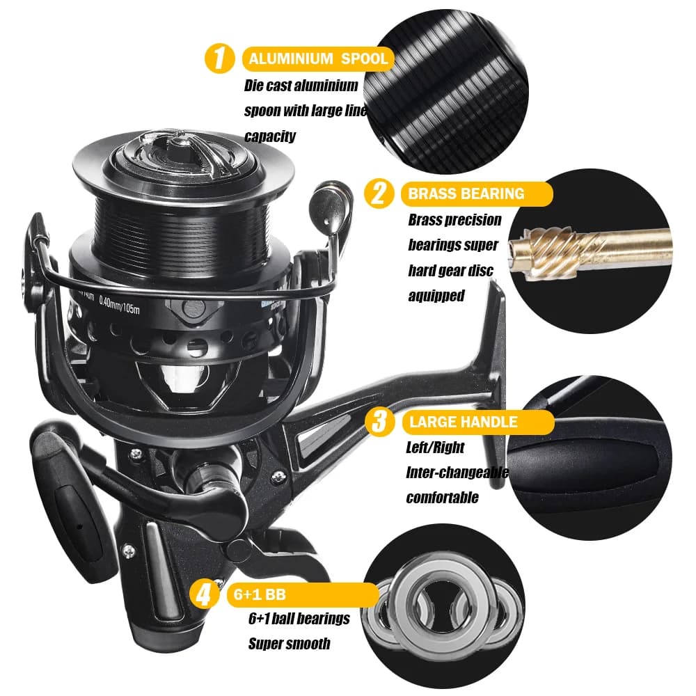 Moulinet de pêche à la carpe spinning double frein robuste 12-15kg pour accessoires mer et rivière