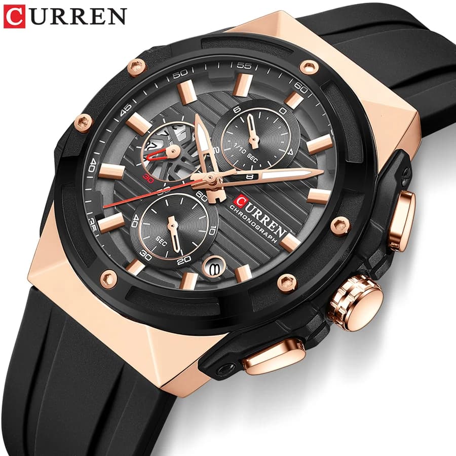 Montre chronographe Curren pour homme sport militaire grand cadran étanche avec bracelet silicone noir