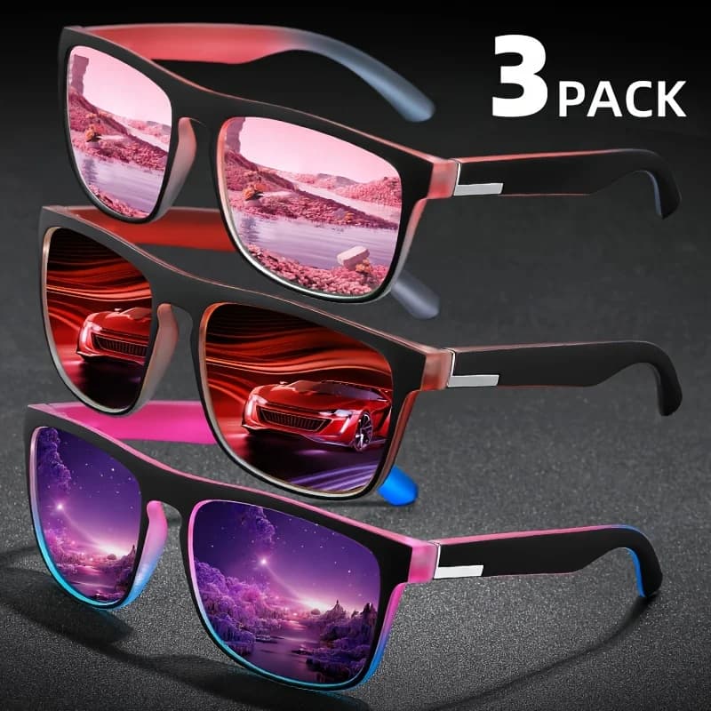 Lot 3 paires de lunettes de soleil polarisées carrées dégradé multicolore - Anti-éblouissement UV400 pour pêche et conduite