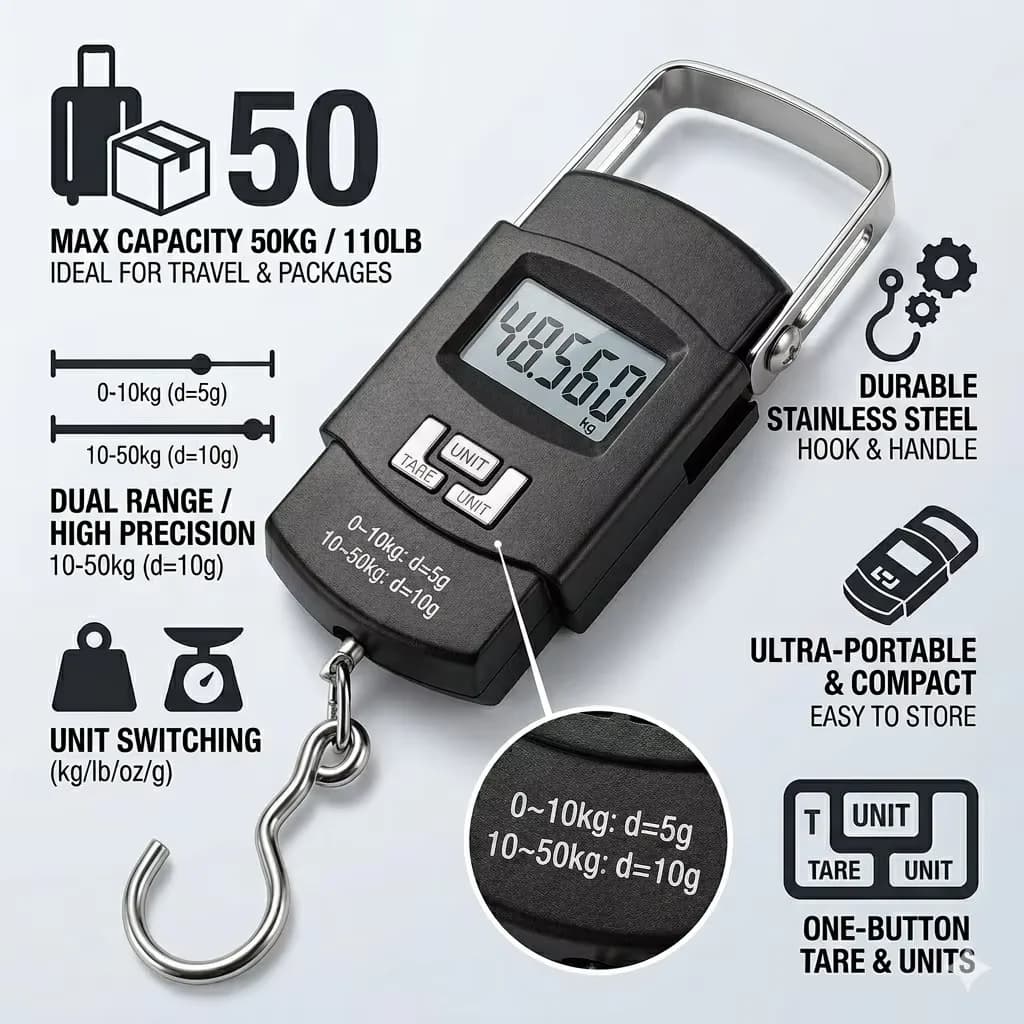 Balance de pêche numérique portable 50kg avec mètre ruban rétractable pour peser le matériel et les prises