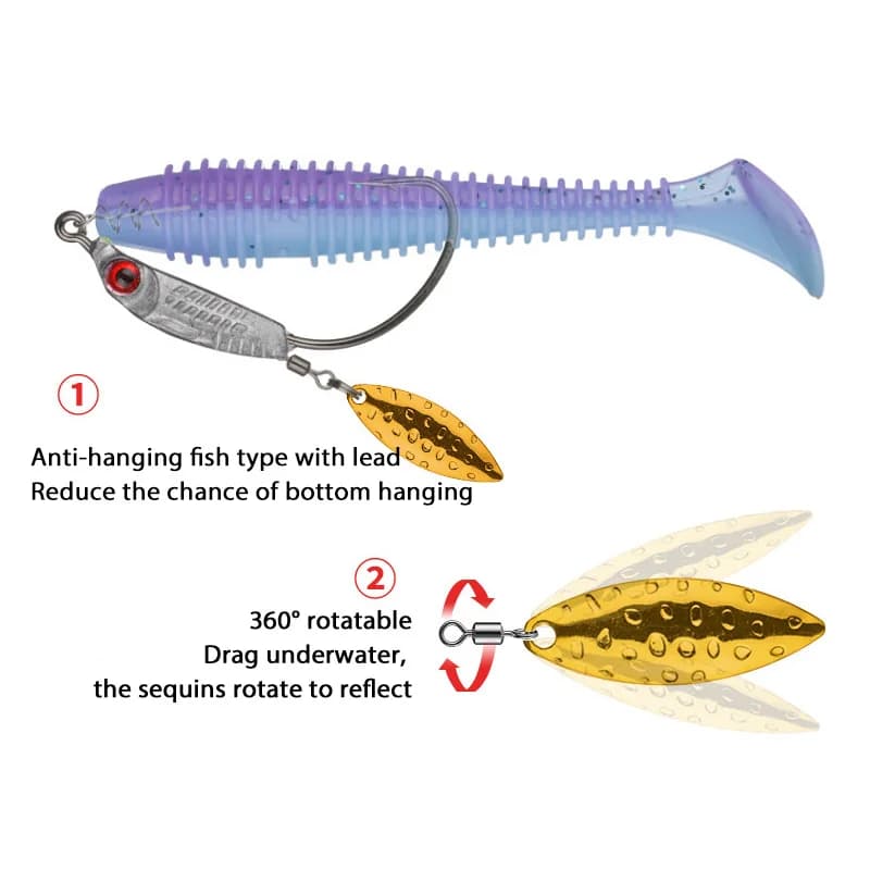 Hameçons lestés à œil 3D avec sequins rotatifs - 3g à 14g pour leurres souples et jigs