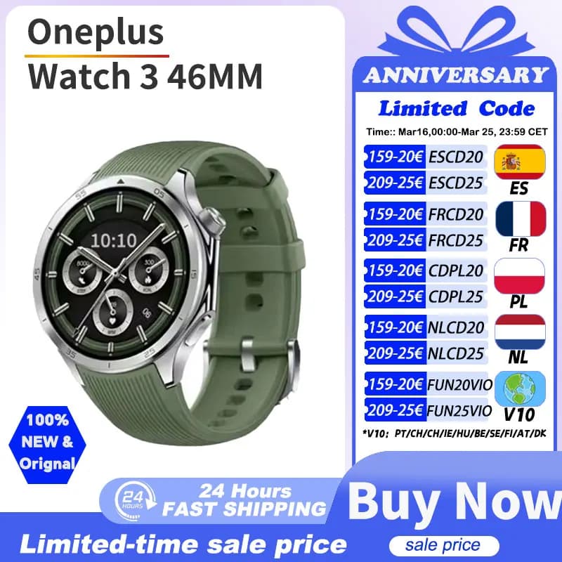 OnePlus Watch 3 - Smartwatch global Wear OS 1.5" AMOLED 32GB IP68 pour pêcheurs connectés et technophiles
