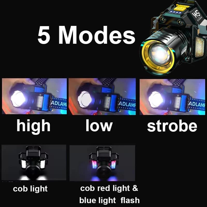 Lampe frontale LED zoomable télescopique étanche haute luminosité pour pêche et travail