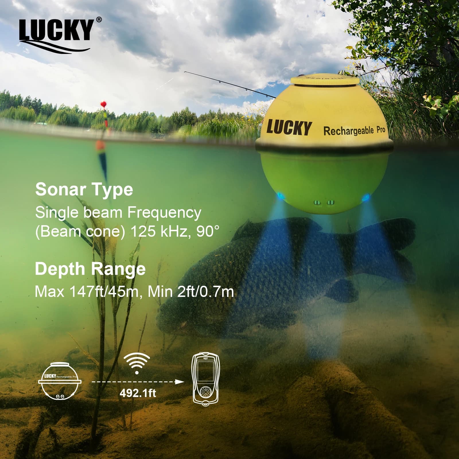 LUCKY FF1108-1CWLA Sonar Sans Fil Rechargeable Pêche 45M Profondeur Eau Échosondeur Détecteur Portable Poissons