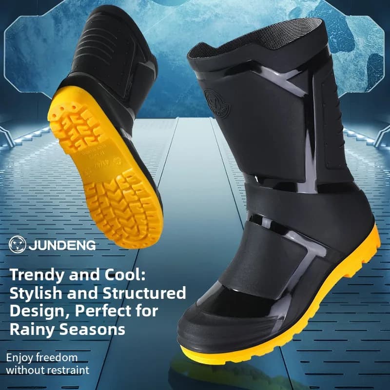 Bottes de pluie homme fashion mi-mollet imperméables antidérapantes outdoor lavage auto PVC bout rond talon bas