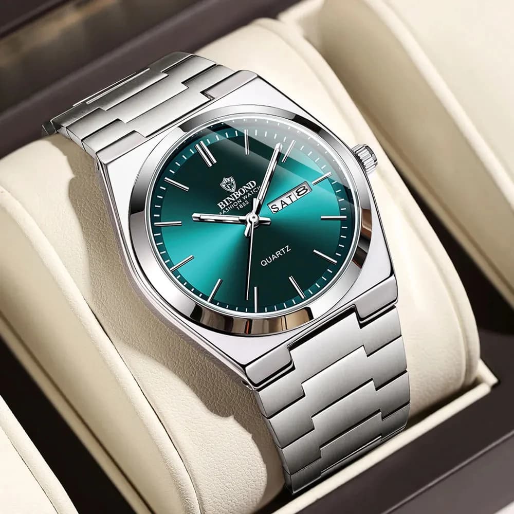 Montre homme luxe BINBOND quartz acier inoxydable étanche affichage date semaine lumineuse business