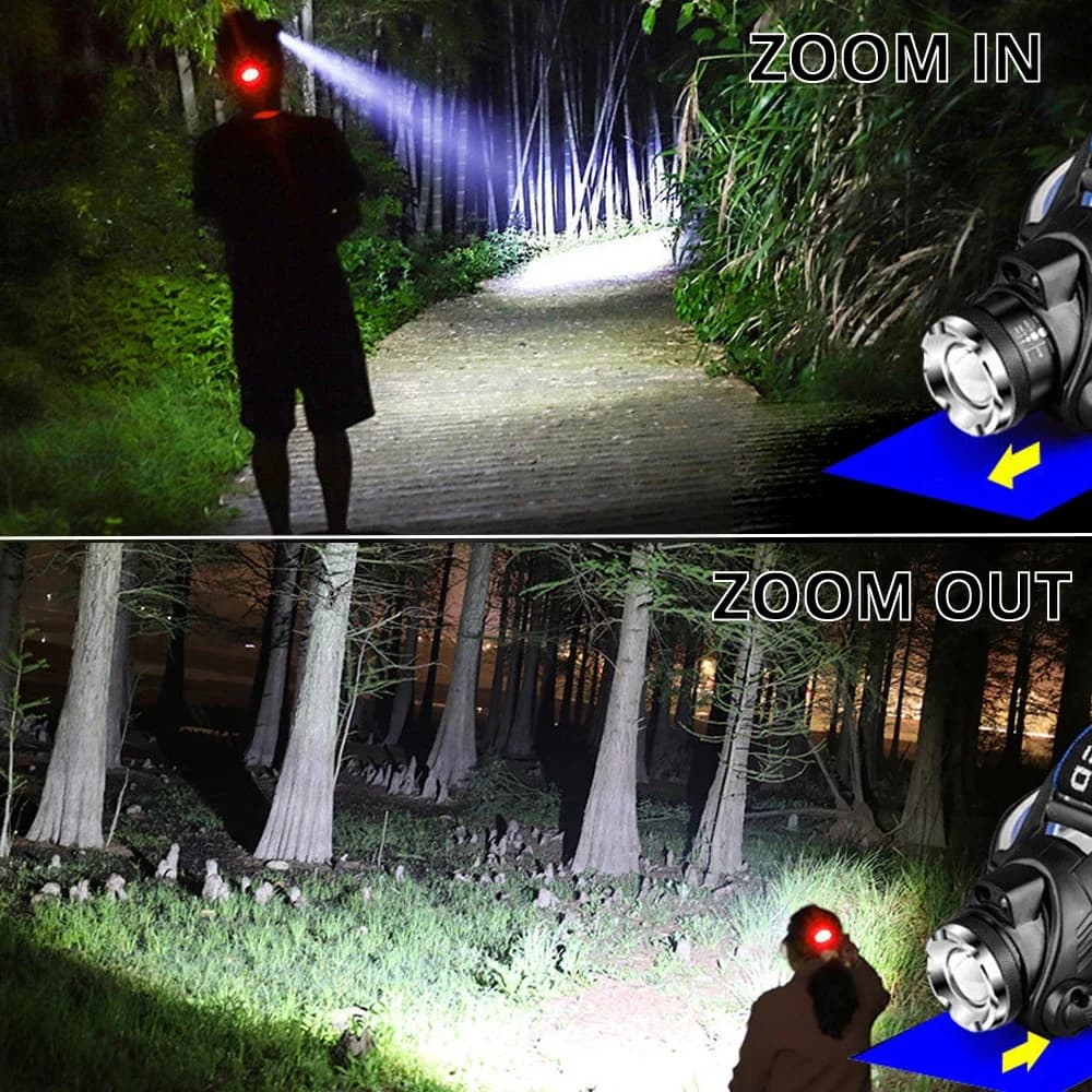 Lampe frontale LED T6 pêche 3 modes zoom étanche super lumineuse avec batteries 18650 rechargeables