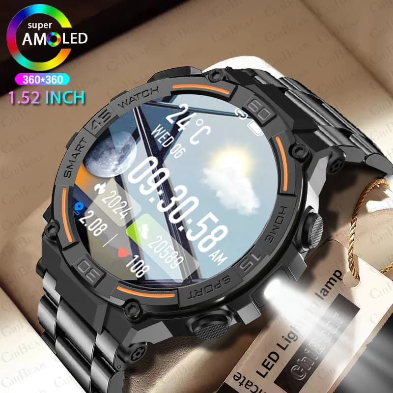 Montre Connectée Militaire Homme - Écran HD 360*360, Lampe Torche, Monitoring Santé, Étanche, Android iOS