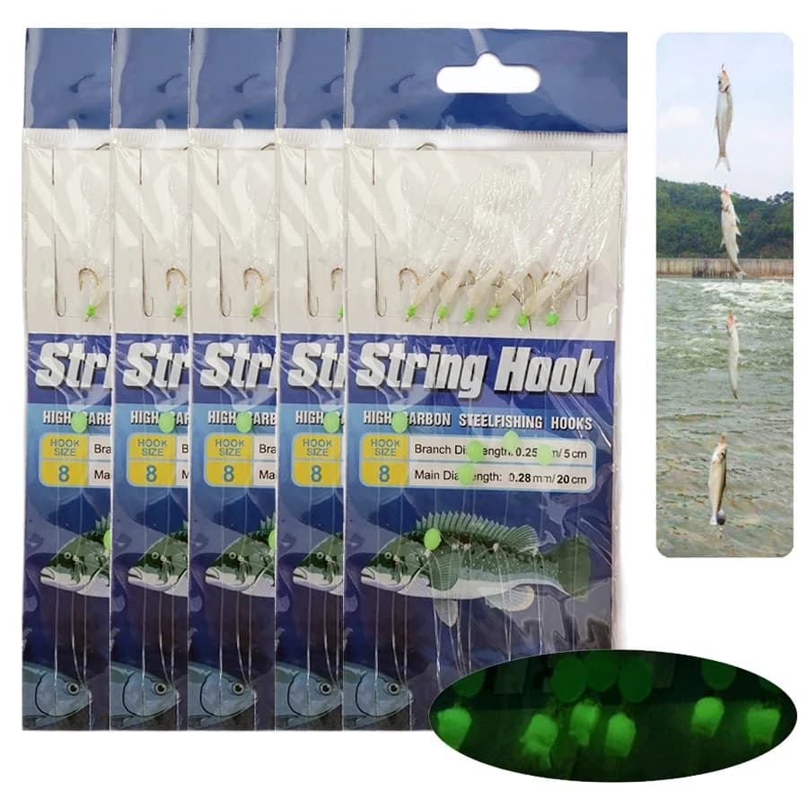 Lot de 5 packs leurres de pêche Sabiki avec hameçons 8# pour poissons de mer et eau douce