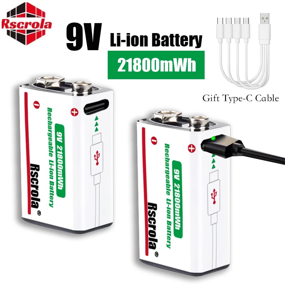 Batterie lithium-ion rechargeable 9V 21800mWh - Haute capacité pour guitare et détecteur de fumée