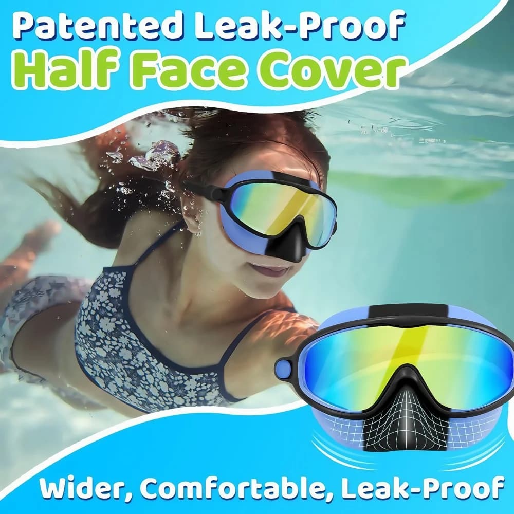 Lunettes de natation enfants 3-15 ans avec couvre-nez vision large anti-fuite UV