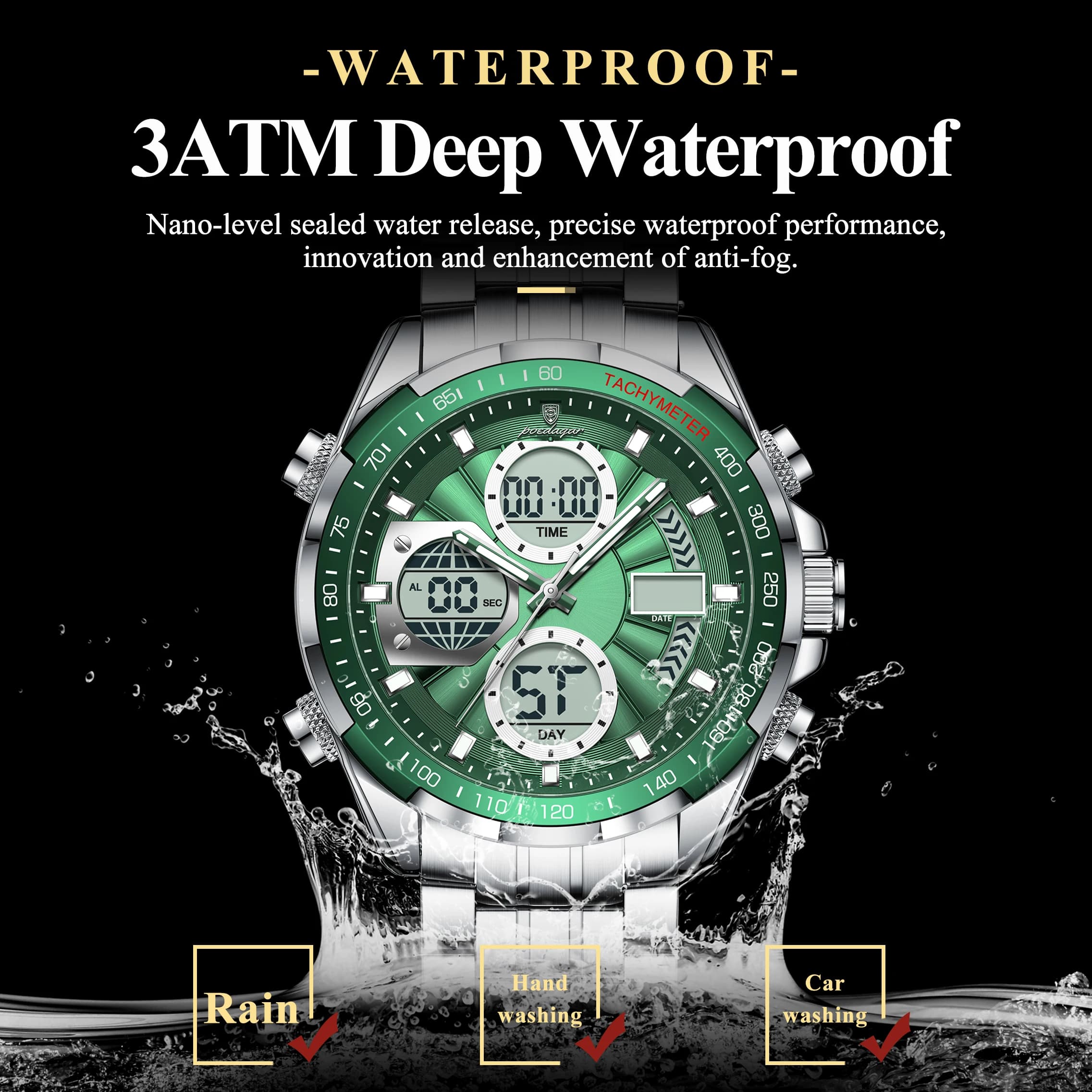 Montre homme POEDAGAR luxe étanche électronique LED - Affichage double fuseau - Bracelet acier inoxydable