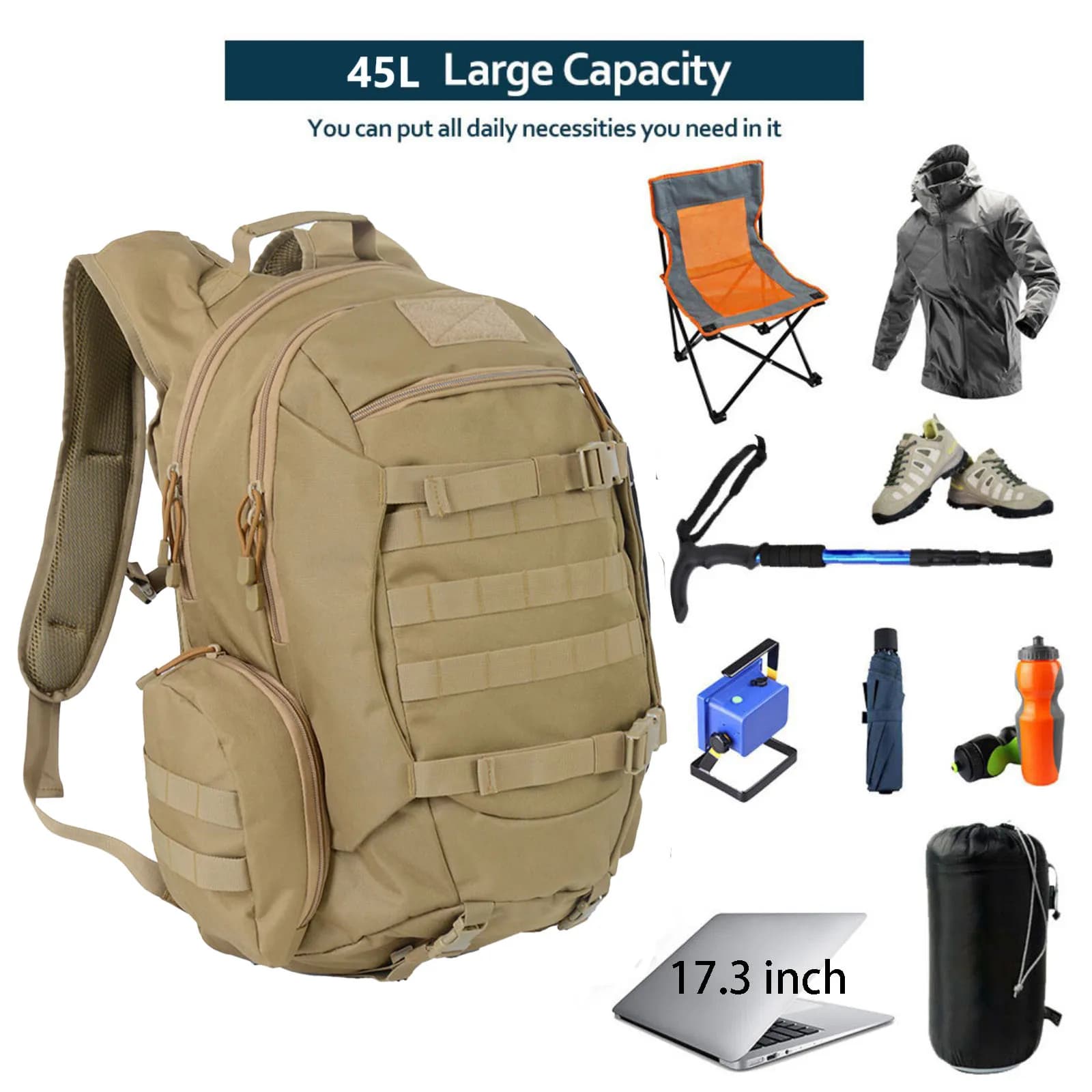 Sac à dos pêche chasse 45L étanche tactique randonnée trekking camping outdoor sac militaire sport